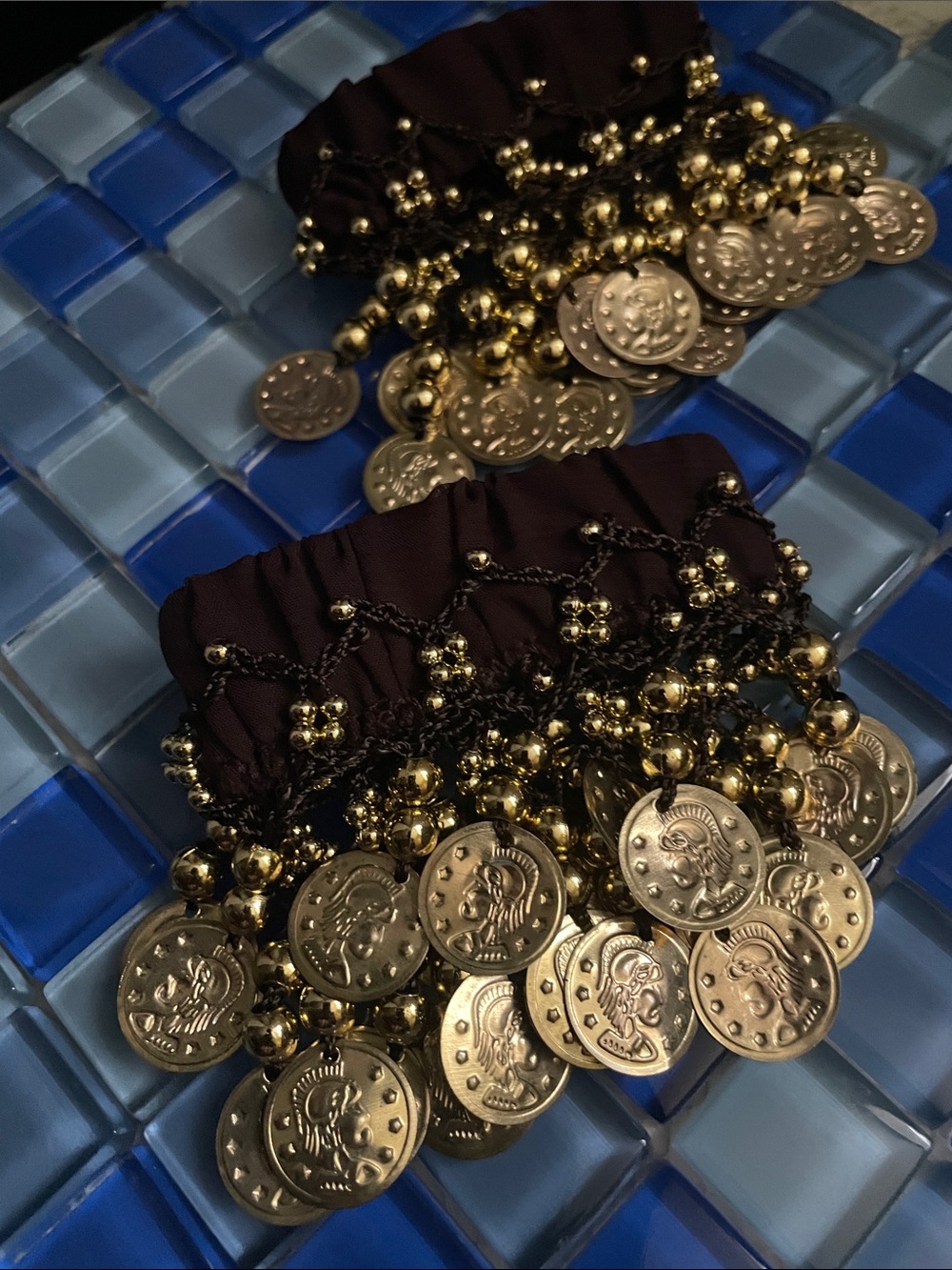 Gold Coin Charm Belly Dance Bracelet with Brown Fabric Band